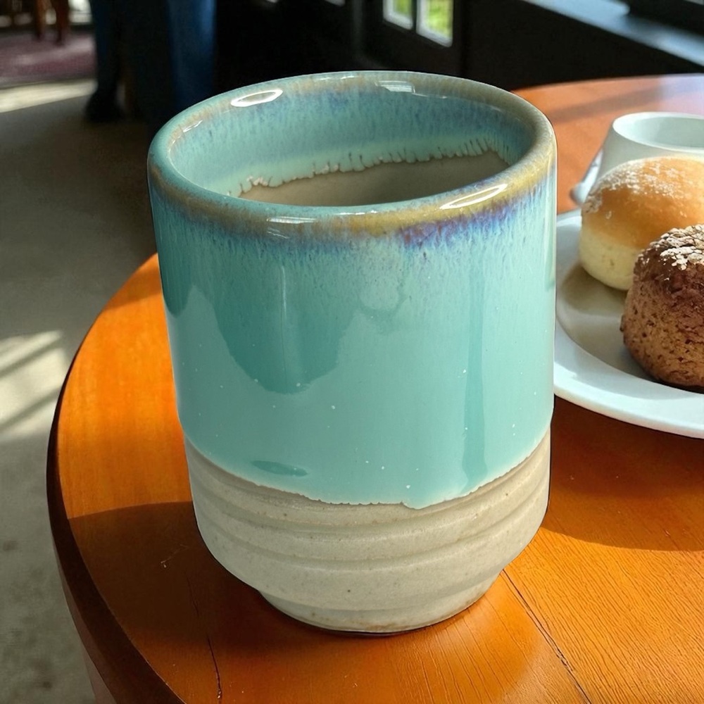 Ceramic Sushi Mino Ware Japanese Green Tea Cup Turquoise Aqua Tan Drip Glaze